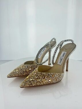 Jimmy Choo Gold Crystal Pointed Toe Slingback Heels